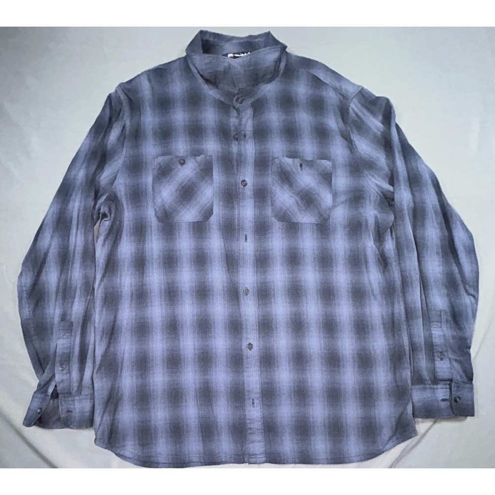Travis Mathew Shirt Mens 2XL Blue Plaid Long Sleeve Button Up Band Collar Casual